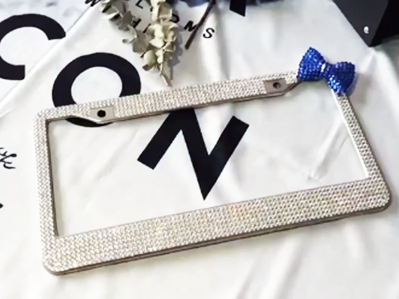 White Diamond + dark blue bow rhinestone license plate frames
